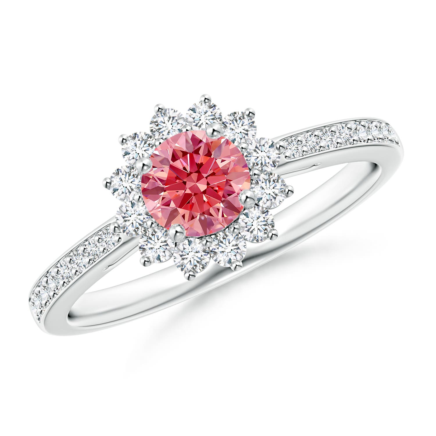 Classic Floral Halo Pink Round Engagement Ring